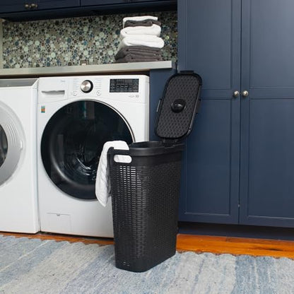 Mind Reader Slim Laundry Hamper with Lid, 40L Clothes Basket, Narrow Tapered Design with Ventilated Cutout Pattern, Plastic, Black - color: Black, size: Single