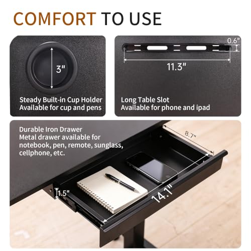 Adjustable Height Over Bed Desk with Drawer, Wheels, Slot, and Cup Holder | Portable Rolling Laptop Overbed Table, Pneumatic Hospital Bedside Tray with Storage, Laptop Standing Sofa Side Cart| Black - color: Black