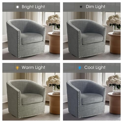 Madison Park Swivel Barrel Accent Chair, Upholstered Curved Back with 7-Inch Thick Woven Cushion, 360° Swivel, Nailhead Trim, Comfy Chair for Living Room, Bedroom, Office, 28" Wide, Grey, Tyler - color: Grey