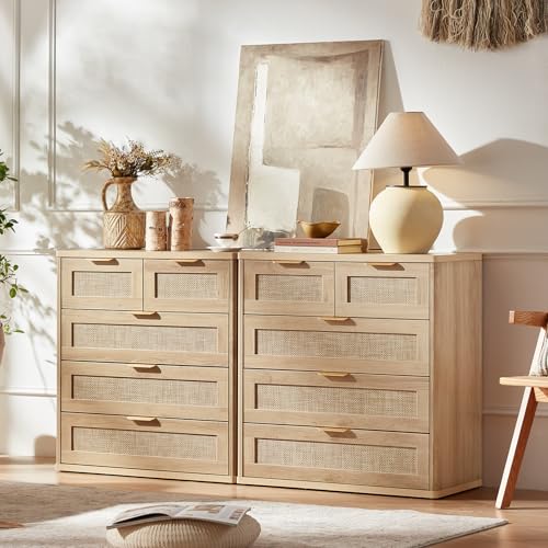 LEYAOYAO Rattan Dresser for Bedroom, 33.5" Small Chest of Drawers | Gold Metal Handle, Modern 5 Drawers Boho Dressers with Storage for Living Room, Hallway - color: Natural Wood, size: 15.5"D x 31.5"W x 33.5"H (5 Drawers)