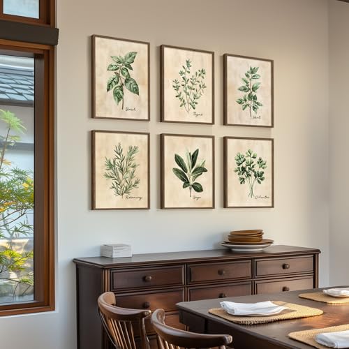 Framed Rustic Sage Green Botanical Wall Art for Kitchen, 6 Piece 11x14 In | Modern farmhouse wall decor, Herb spices plant leaf pictures, Canvas prints, Living room bedroom dining room artwork - color: Herbs - Walnut Framed, size: 11" W x 14" H x 6Pcs