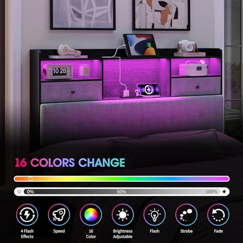 Maupvit Headboard Full Size with Storage, Full Headboard Only with 2 Drawers, Charging Station and LED Lights, Upholstered Headboards Easy Assembly, Black&Grey - color: Black, size: Full