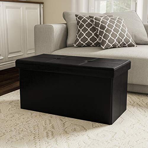 Storage Ottoman - 30-Inch Folding Faux Leather Footrest, Linen Chest, or Bench with Removable Bin for Living Room or Bedroom by Lavish Home (Black)