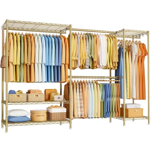 Heavy-Duty Clothing Rack Closet Storage System for Hanging Clothes | E17 Garment Racks with Expandable Hanging Rods, Metal Clothing Storage Organizer (78-102.7)”W x 15.7”D x 76.6”H, Gold - color: Gold