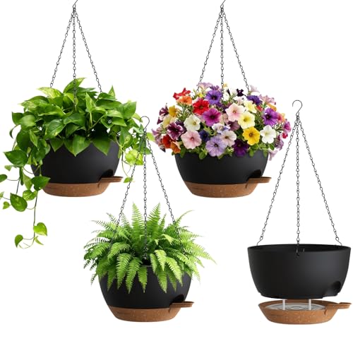UOUZ 4 Pack 8 Inch Self Watering Hanging Planters for Indoor Outdoor Plants，Hanging Pots for Plants with Drainage Removable Tray, Hanging Baskets Flower Pots for Pothos Spider Garden Black with Brown - color: Black With Brown, size: 8inch-4pack