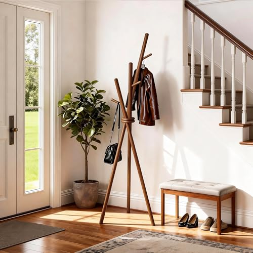 VICITON Wooden Coat Rack, Tripod Coat Tree Freestanding with 3 Hooks for Clothes, Hats and Handbags, Coat Hanger Stand for Bedroom, Living Room, Entryway (Dark) - color: Dark