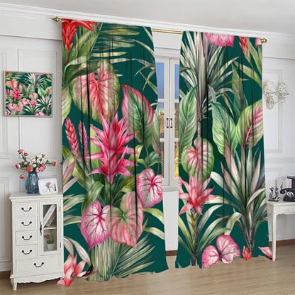 Tropical Palm Leaf Curtains, Pink Green Summer Monstera Leaves Jungle Plant Window Treatments Drapes for Bedroom Living Room Apartment 42" W X 45" L(No Blackout) - color: Flamingo-10, size: 20.5"W x 45"L (Pack of 2)