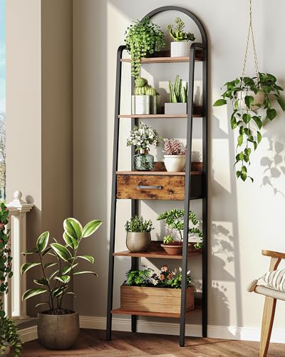 5 Tier Ladder Shelf with Drawer, Tall Ladder Bookshelf, Standing Bookcase with Metal Frame for Living Room, Bathroom, Home Office, Study, Balcony, Rustic Brown and Black TCJ07BF - color: Rustic Brown and Black
