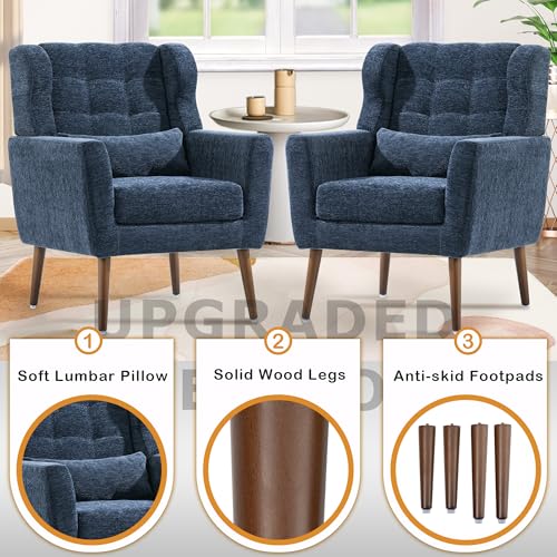 Modern Accent Chair, Upholstered Armchair with Pillow, Fabric Single Sofa Chair with Lounge Seat and Wood Legs Accent Chair for Living Room Bedroom Small Spaces (Dark Blue) - color: Dark Blue, size: Set of 1