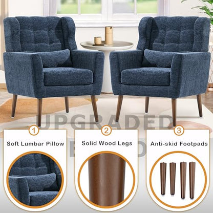 Modern Accent Chair, Upholstered Armchair with Pillow, Fabric Single Sofa Chair with Lounge Seat and Wood Legs Accent Chair for Living Room Bedroom Small Spaces (Dark Blue) - color: Dark Blue, size: Set of 1