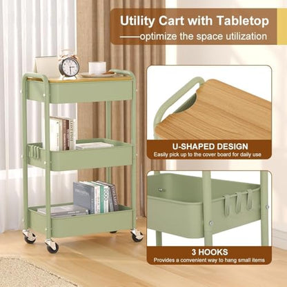 3 Tier Metal Utility Cart, Rolling Storage Cart with Wooden Tabletop, Metal Organizer Cart with Lockable Wheels for Office, Bedroom, Kitchen and Living Room (Green) - color: Green