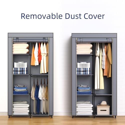 Gray Cover Portable Closet with 6 Shelves & 2 Hanging Rods | Wardrobe closet easy to assemble. Good storage functionality for basic needs. 34.6"×17.7"×66.1". Bedroom, dorm, apartment. - size: Medium
