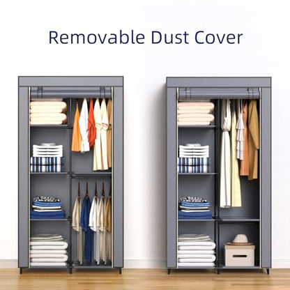 Gray Cover Portable Closet with 6 Shelves & 2 Hanging Rods | Wardrobe closet easy to assemble. Good storage functionality for basic needs. 34.6"×17.7"×66.1". Bedroom, dorm, apartment. - size: Medium
