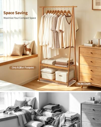 Bamboo Clothing Rack with Shelves, Wood Garment Rack for Hanging Clothes | Small Space Corner Clothes Hanger Rack with 2 Hooks,Freestanding Open Wardrobe Closet Rack in Bedroom,Entryway,Apartment - size: 2-Tier,60.5" Tall