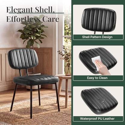 Dining Chairs Set of 2, PU Leather Upholstered Kitchen Chairs | Metal Legs, Mid Century Shell Style Backrest for Dining Living Room, Black - color: Black, size: Set of 2