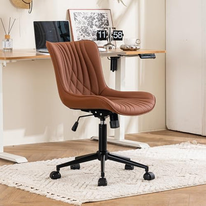 YOUTASTE Coffee Brown Office Chair Modern Armless Desk Chair with Wheels Adjustable Swivel Rocking Rolling Computer Study Chairs Faux Leather Sewing Chairs with Back Stylish Vanity Chair - color: Coffee Brown