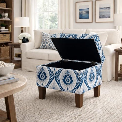 HomePop 22" Modern Rectangular Storage Ottoman - Blue Ikat Medallion Print - color: Blue Ikat Medallion Print