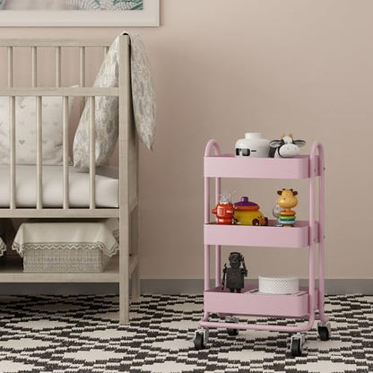 Metal Rolling Cart,3-Tier Pink Rolling Cart with Wheels,Metal Utility Cart with Wheels for Office,Home,Kitchen,Garden（13.4"x18.1"x31"） Pink - color: Pink, size: 31"H