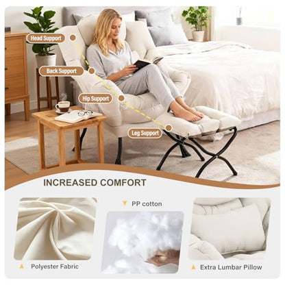 Lazy Chair with Ottoman, Reading Chair with Lumbar Pillow，Beige | Comfy Accent Lounge Chair with Pillow & folding Foot Stool, sturdy metal frame for bedroom, dorm or apartment, Living Room - color: Beige
