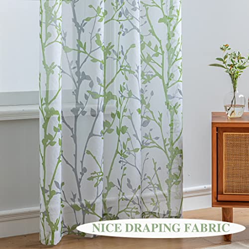 Luvyohmee White Green Curtains 72 Inch Length 2 Panels Set, Semi Sheer Window Curtain Drapes for Living Room/Bedroom, Green Nature Tree Branches Patterned Linen Textured Curtains, Grommet Top W52XL72 - color: Sage Green, size: 52"W x 72"L (Pack of 2)