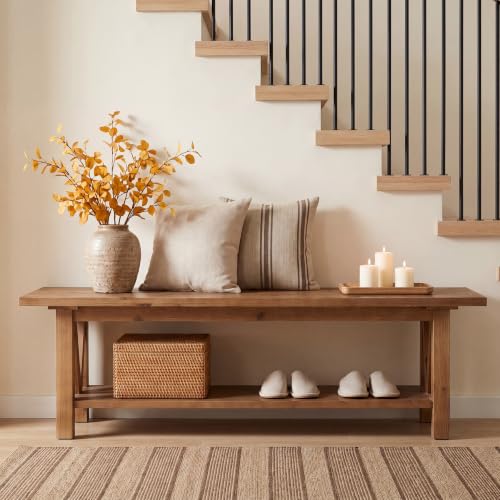 LITTLE TREE 55" Solid Wood Entryway Bench with Storage Shelf | Farmhouse Rustic Shoe Storage Bench Seat for Hallway, Living Room, Bedroom & Mudroom