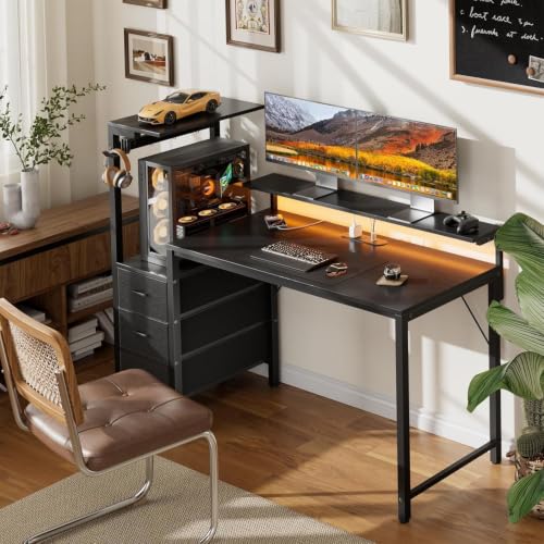 HLDIRECT 60 Inch Gaming Desk with Power Outlets & LED Lights, Black | Reversible gaming computer desk with built-in monitor stand, 3 fabric drawers & 4 side hooks, 2 AC outlets & 3 USB ports - color: Black, size: 60 inch