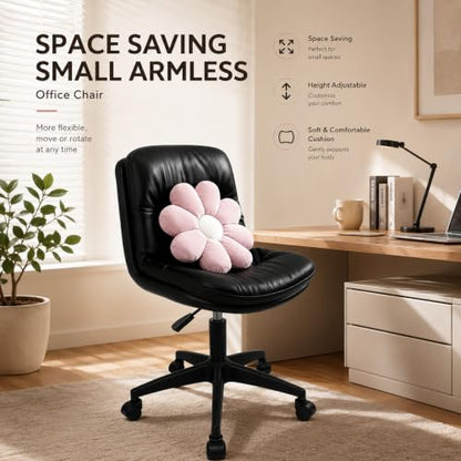 Adjustable Height Vanity Chair with Backrest, Armless PU Leather Desk Chair with Wheels & Lumbar Support, 360° Swivel Ergonomic Computer Office Chair for Home Office Makeup Desk, Black - color: Black