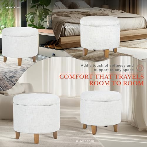 HomePop 19" Button Tufted Round Storage Ottoman - Cream Textured Solid - color: Cream Textured Solid