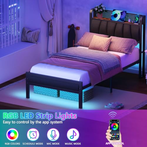 Twin Size Bed Frame with Storage Shelf and Upholstered Headboard | Metal Platform Bed with LED Light, Charging Station and Heavy Duty Slats, No Box Spring Needed, Noise Free & Easy Assembly - size: Twin, style: Bed Frame