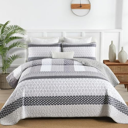 WONGS BEDDING Grey Full Size Quilt Set, Bohemian Striped Bedspreads | Reversible Boho Bedspread with Grey Accents, Lightweight Microfiber Coverlet for All Seasons (78"x90") , OEKO-TEX - color: Grey, size: Full