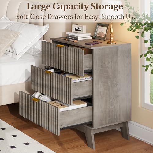 Fluted Nightstand with 3 Large Drawers, Wooden Side End Table with Elevated Legs for Easy Cleaning, Sturdy Modern Beside Table for Small Space, Bedroom, Grey, 24" L - color: Grey