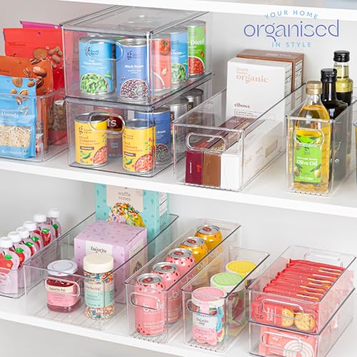 Plastic Food Storage 4 Pack Clear Container Bin with Handles for Organizing Kitchen, Pantry, Fridge, Freezer, Pantry, Bathroom. 14"x6"5" - size: 14x6x5