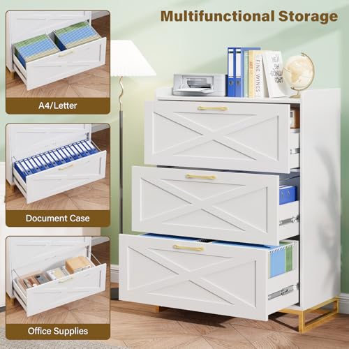 Vabches File Cabinet 3 Drawers Lateral File Cabinet with Charging Station for Letter/Legal/A4 Size Hanging Files, Large Wood File Storage Cabinets Printer Stand for Home Office, White and Gold - color: White and Gold