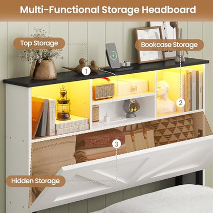 AOGLLATI Twin Bed with Storage Bookcase Headboard and 4 Drawers,Wooden Farmhouse Twin Bed Frame with Charging Station, Led Lights & Metal Slats,White - color: White, size: Twin