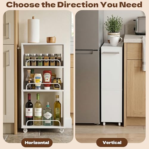 7.7'' Slim Rolling Storage Cart 4 Tier Wood Utility Cart Spice Rack Kitchen | Slide Out Narrow Rolling Cart with Adjustable Shelves,with Handle for Kitchen Laundry Bathroom Small Space - size: 3-Tier
