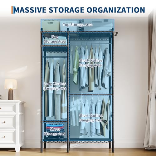 PioneerWorks Heavy Duty Garment Rack 1210 LBS, Commercial Clothing Rack with 4 Adjustable Shelves, Freestanding Wardrobe Closet Organizer, Metal Storage Rack for Home, Retail, Laundry Room - size: 45"W × 16.5"D × 76.4"H
