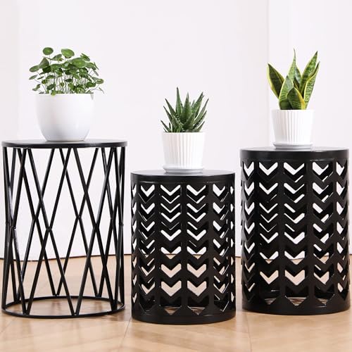 Nesting Round Metal Indoor Coffee End Tables, Set of 3 Modern Farmhouse Nightstands Decor Sofa Side Tables Plant Stand for Living Room Balcony Home Garden Stool Patio Outdoor- Black - color: Black