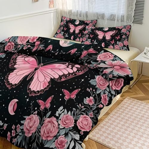 Boho Pink Butterfly Moon & Roses 3 Piece Reversible Bedding Set 102"x90",Double Sided Brushed Microfiber Duvet Cover Set with 2 Pillowcases Soft Breathable Comforter Cover for Home - color: Boho Pink Butterfly Moon & Roses, size: 102"x90"