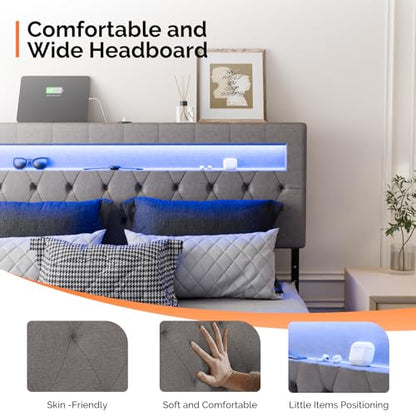 VINGLI Full Size Floating Bed Frame with LED Lights, Adjustable Velvet Upholstered Bed with Charging Station, Modern Metal Full Bed, Easy Assembly, No Box Spring Needed, Grey - color: Grey, size: Full