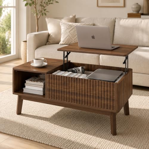 Fluted Lift Top Coffee Table with Storage Shelf and Hidden Compartment, Mid Century Modern Wooden Center Table for Living Room, Home Office, Walnut - color: Walnut Rectangle