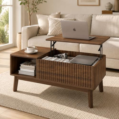 Fluted Lift Top Coffee Table with Storage Shelf and Hidden Compartment, Mid Century Modern Wooden Center Table for Living Room, Home Office, Walnut - color: Walnut Rectangle