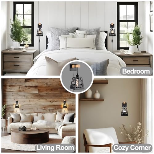 Plug in Wall Lamp,Bear Matte Black Metal 1 Pack Farmhouse Rustic Wall Sconces with Wood Arm,E26 Base Industrial Light for Bedroom,Bedside,Living Room,Indoor,Hallway,Bathroom,Porch,Stairway - color: Bear-Black