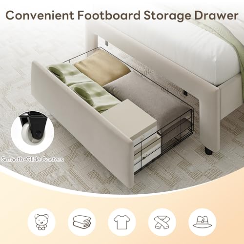 LIKIMIO Twin Bed Frames with Storage Drawer, Lights & Charging Station | Upholstered Modern Platform Bed, Twin Bed Frame with Headboard, No Box Spring Needed, Easy Assembly, Noise-Free, White - size: Twin