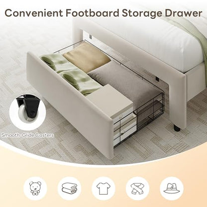 LIKIMIO Twin Bed Frames with Storage Drawer, Lights & Charging Station | Upholstered Modern Platform Bed, Twin Bed Frame with Headboard, No Box Spring Needed, Easy Assembly, Noise-Free, White - size: Twin