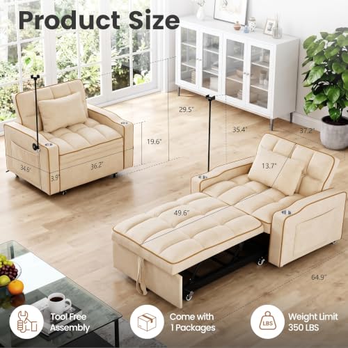 Sleeper Chair with USB Port, 3 In1 Pull Out Sofa Bed, White | Adjustable Backrest,Soft Cushioning,Handy Side Pocket,Cup Holders,Phone Holder - color: D-white-g2