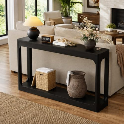 55.1" Console Table, Entryway Sofa Table for Hallway, Black | Engineered wood, Slim console table, curved legs, 2-tier storage, entryway hallway sofa living room - color: Black
