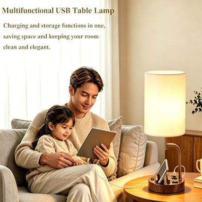 Dreamholder 2 Pack Table Lamp, Bedside Lamp with 3 USB Charging Ports & AC Outlet, USB Desk Lamp with 2 Phone Holders, Linen Fabric Shade Nightstand Lamps for Bedroom Living Room Office, Walnut - color: Walnut