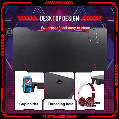 FDW Computer Desk Gaming Desk Student PC Desk Writing Desk Office Desk Modern Ergonomic Racing Style Table Workstation Carbon Fiber Headphone Hook (47in, Red) - color: Red, size: 47 In R Shaped