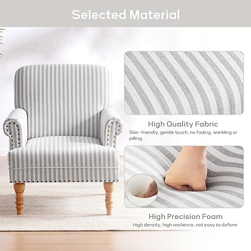 HUIMO Linen Fabric Accent Chair, Mid-Century Modern Armchair with Solid Wood Legs, Single Sofa Chair,Upholstered Reading Club Chair (1, Grey and White Stripe) - color: Light Grey and White Stripe