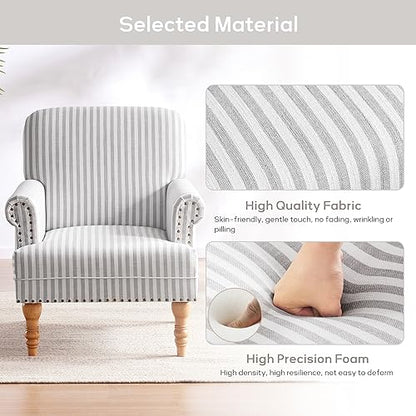 HUIMO Linen Fabric Accent Chair, Mid-Century Modern Armchair with Solid Wood Legs, Single Sofa Chair,Upholstered Reading Club Chair (1, Grey and White Stripe) - color: Light Grey and White Stripe